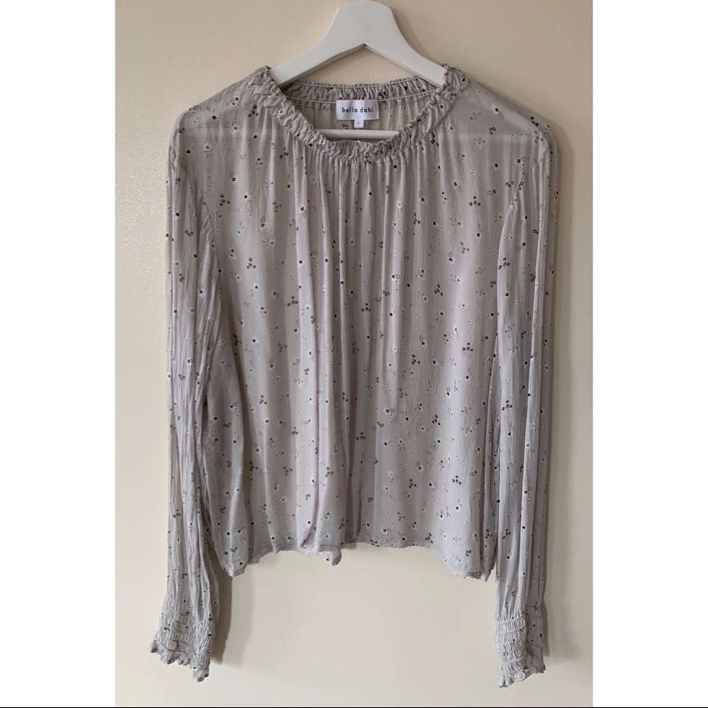 Bella Dahl • L • Elastic Shirred Neck Smocked Cuff Long Sleeve Blouse Top
